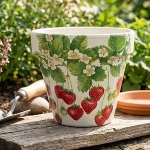 May include: A white ceramic plant pot decorated with a strawberry design. The pot features green leaves, white flowers, and red strawberries. The pot is on a wooden surface with a gardening tool and a terracotta saucer.