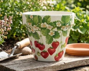 Vaso per piante di fragole con decoupage personalizzato - Vaso per fiori da interno ed esterno personalizzabile - Decorato a mano per la festa della mamma, compleanno, inaugurazione della casa