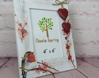 Picture frame  robin painted  decoupaged when robins appear picture frame  personalised mum gift dad gift Mother’s Day  gift for mum