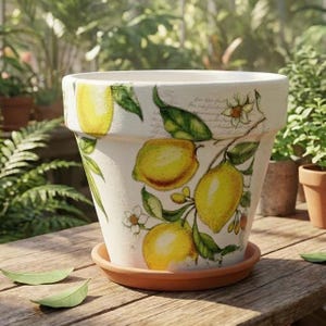 Personlig decoupage citronkruka - Anpassningsbar inomhus- och utomhusblomkruka handdekorerad mors dag, födelsedag, inflyttningsfest
