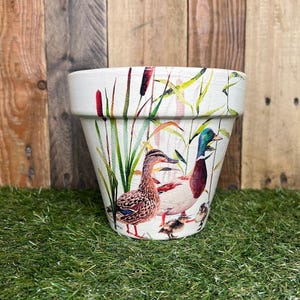 Könnte beinhalten: Weißer Keramik-Blumentopf mit einem bemalten Design von Enten, Schilf und Rohrkolben. Der Topf hat eine leicht konische Form und steht vor einem Holzgrund.