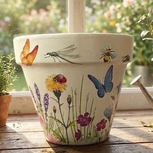 Könnte beinhalten: Ein cremefarbener Blumentopf aus Keramik mit einem bemalten Blumen- und Insektenmuster. Das Design umfasst Schmetterlinge, einen Marienkäfer, eine Biene und Wildblumen. Der Topf steht auf einer Holzoberfläche in der Nähe eines Fensters.