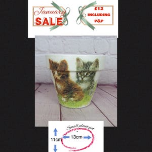 May include: White ceramic plant pot with a design of two kittens. The pot is 11 inches tall and 13 inches wide.  The pot is decorated with a green, brown, and white design.