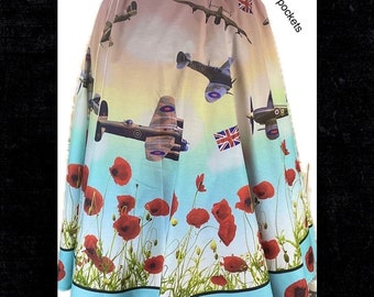 Circle skirt rockabilly pin up retro 1950s style spitfire vintage planes skirt with poppies authentic 1940s 1950s style gift for her pockets