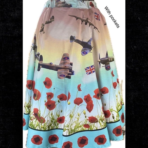 Circle skirt rockabilly pin up retro 1950s style spitfire vintage planes skirt with poppies authentic 1940s 1950s style gift for her pockets