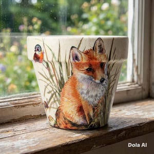 May include: A cream-colored ceramic flower pot featuring a detailed illustration of a fox with orange and white fur, set against a backdrop of tall grass. A small bird is perched on the side. The pot is sitting on a wooden surface.