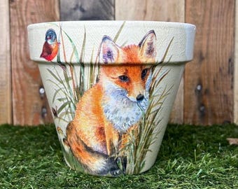 Plant pot fox painted pictures decoupaged plant pot indoor outdoor pot personalised Mother’s Day gift birthday gift