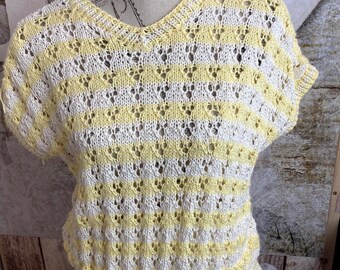 knitted lemon and white tank top  vest sweater with pattern .  Approx size 12 to 16. Medium size. Mother’s Day gift birthday gift for her