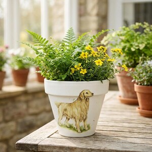 May include: A white ceramic flower pot with a painted illustration of a golden retriever dog. The pot is filled with green ferns and yellow flowers. The pot is sitting on a wooden table.