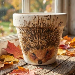 May include: A cream-colored ceramic flower pot featuring a hand-painted hedgehog design. The hedgehog has brown quills, a tan face, and blue eyes. The pot is decorated with brown paint splatters and sits on a wooden surface.