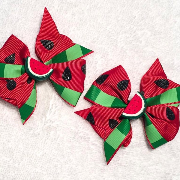 Watermelon Hair Bow Set - 3" Boutique Pinwheel Bows with Watermelon Centers on Partially Lined Clips - Summer, Fruit, Pictures