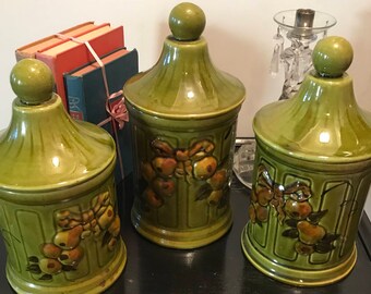 Vintage Los Angeles California Pottery Olive Green Ceramic  3 Piece Set - Pears Clusters  Shabby Chic  Rustic Country Decor