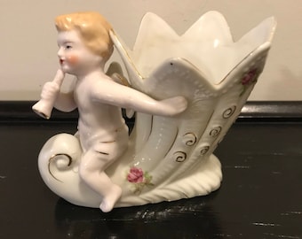 Porcelain Cherub Angel Sitting on Scalloped Edge Vase  L & M Porcelain Nursery Decor  Porcelain White and Pink Figurine Gold Trim  ~ Vintage