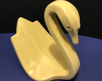 Vintage Yellow Ceramic Swan Towel Holder Swan Figurine Shabby Chic Pottery Retro Decor