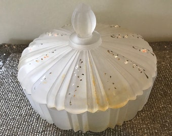 Vintage Frosted Glass Candy Dish with Lid ~ Handpainted  Flowers ~Collectible Shabby Chic ~Keepsake Gift