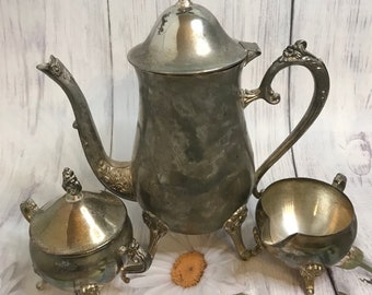 Vintage Silver Plated Brass Footed Coffee or Tea Pot ~ Creamer ~ Sugar Bowl ~ Tea Serving Set ~ Wedding Gift