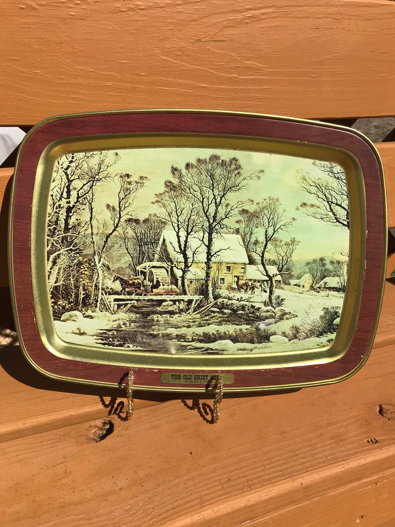 Vintage Currier and Ives Tin Tray Handpainted Tin Serving Tray the Old