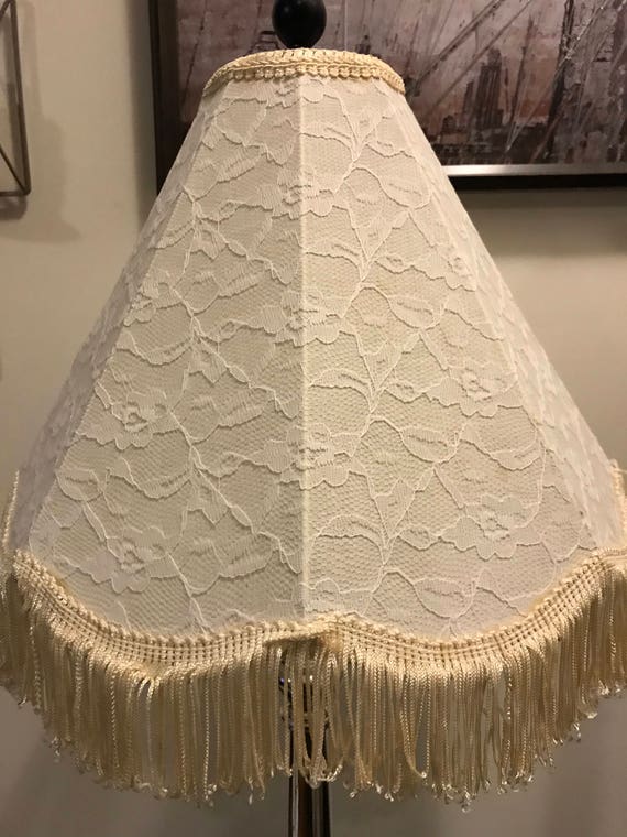 Vintage White Lace Bell Shape Fabric Lampshade With Fringes Lace Bell Shape Fabric Lampshade, Bell Shaped Lampshade With Fringe