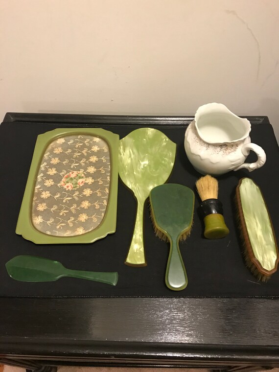 Vintage 7 Piece Vanity Set Green Marble Bakelite Celluloid Etsy