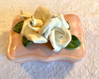 Vintage California Pottery White Rose Cigarette Box ~ Dresser Box ~ Pink Covered Box ~ 5” long