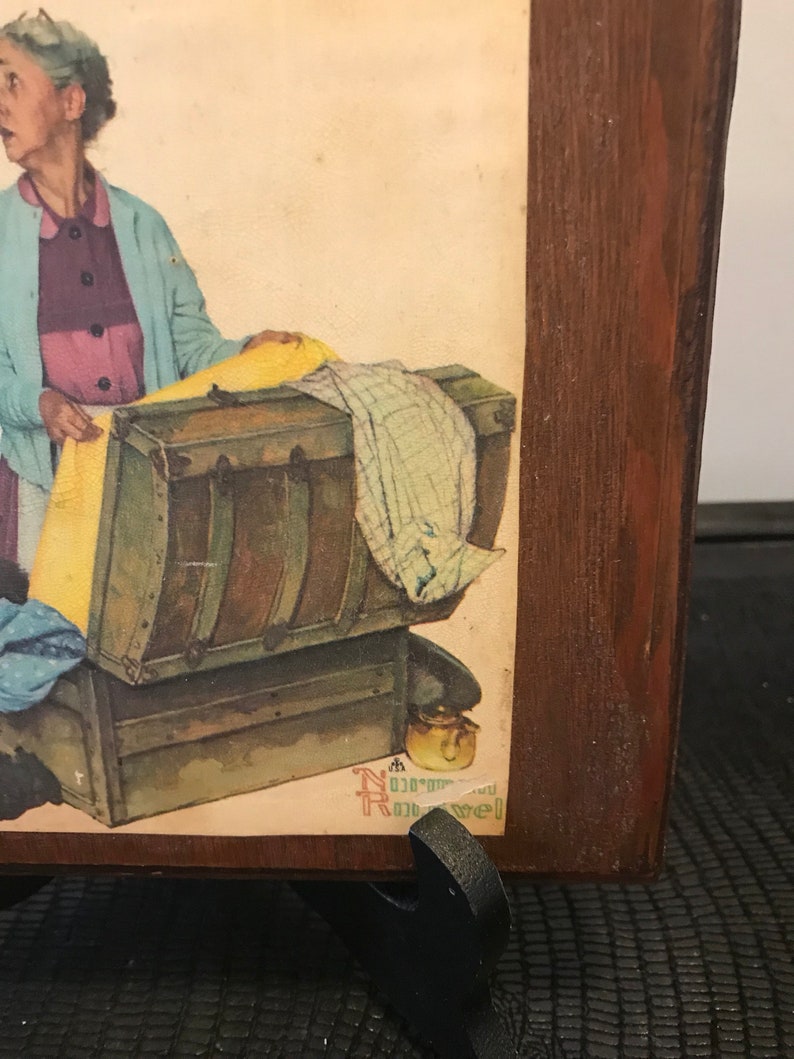Vintage Norman Rockwell Print on Wooden Plaque Lady and Man with Old Trunk Farmhouse Country Chic Wall