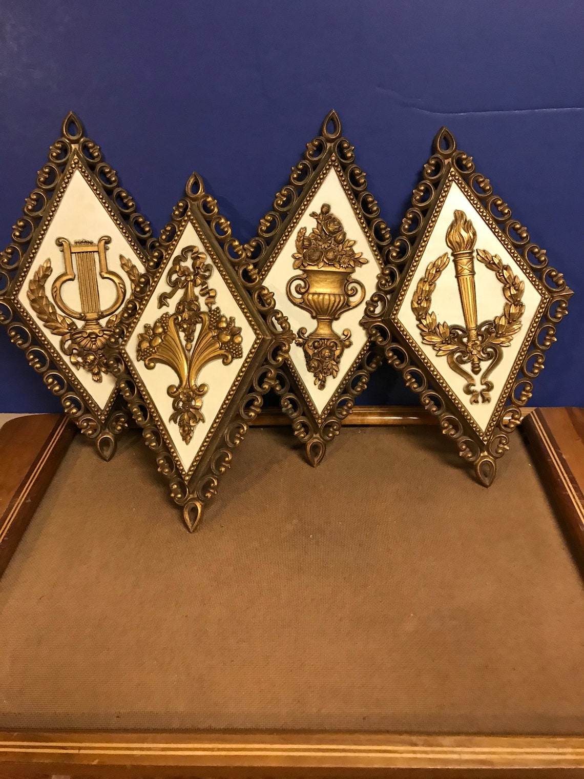 Vintage Homco Wall Plaques diamond Shaped Set of 4 Gold and Cream Wall Decor hollywood Regency