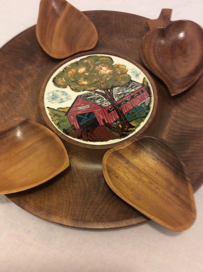 Retro Dining Tray with Trivet Man Cave Poker Night Country Kitchen Vintage Woodbury HandTurned Snack Tray with 4 Bowls Shabby Chic