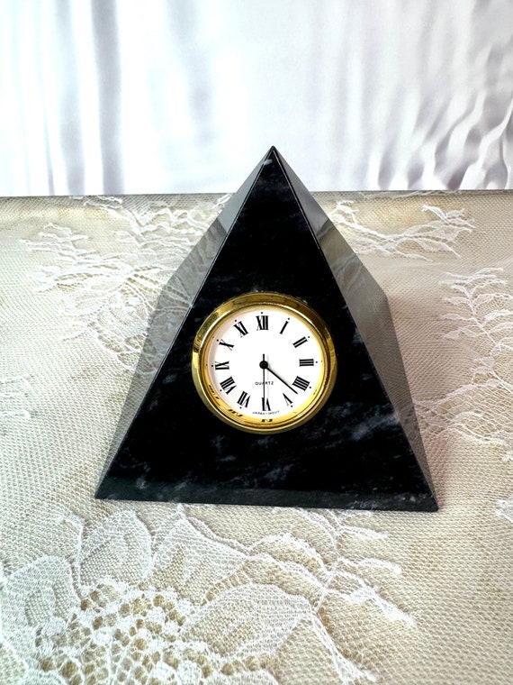 Vintage Black Marble Pyramid Style Clock ~  Marble Desk Clock ~ Japan Quartz Movement  ~ Paperweight ~  3 1/2” high ~ 3 1/2” wide ~ Office