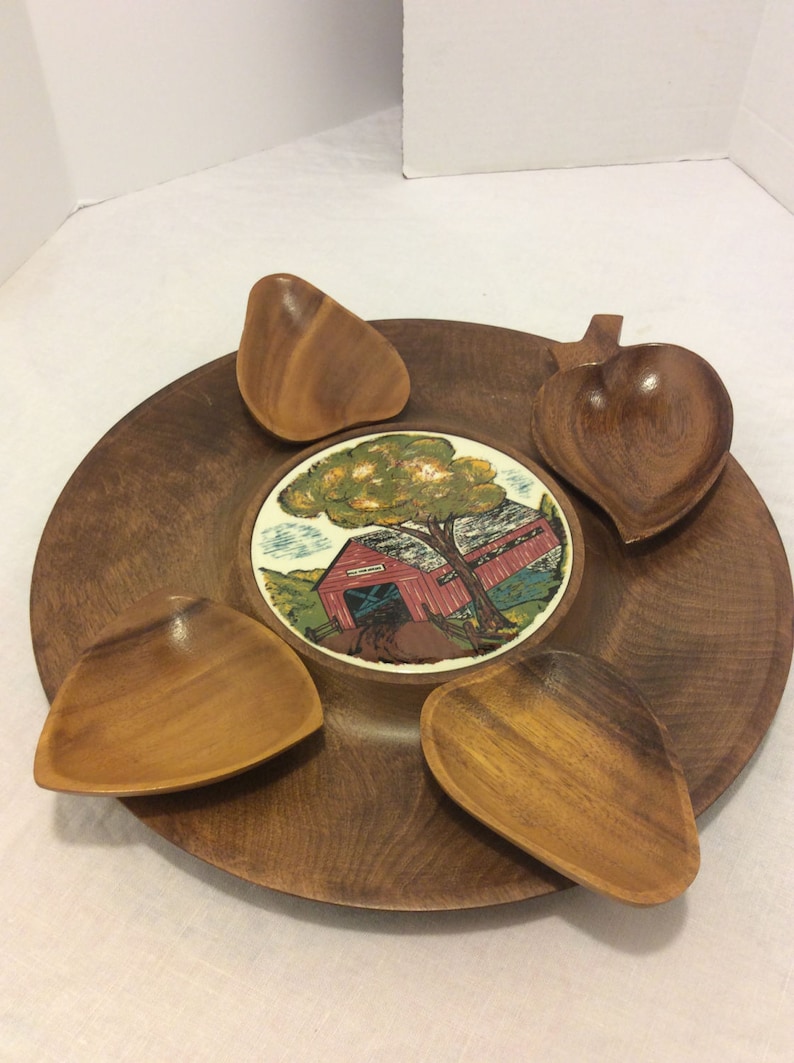 Retro Dining Tray with Trivet Man Cave Poker Night Country Kitchen Vintage Woodbury HandTurned Snack Tray with 4 Bowls Shabby Chic