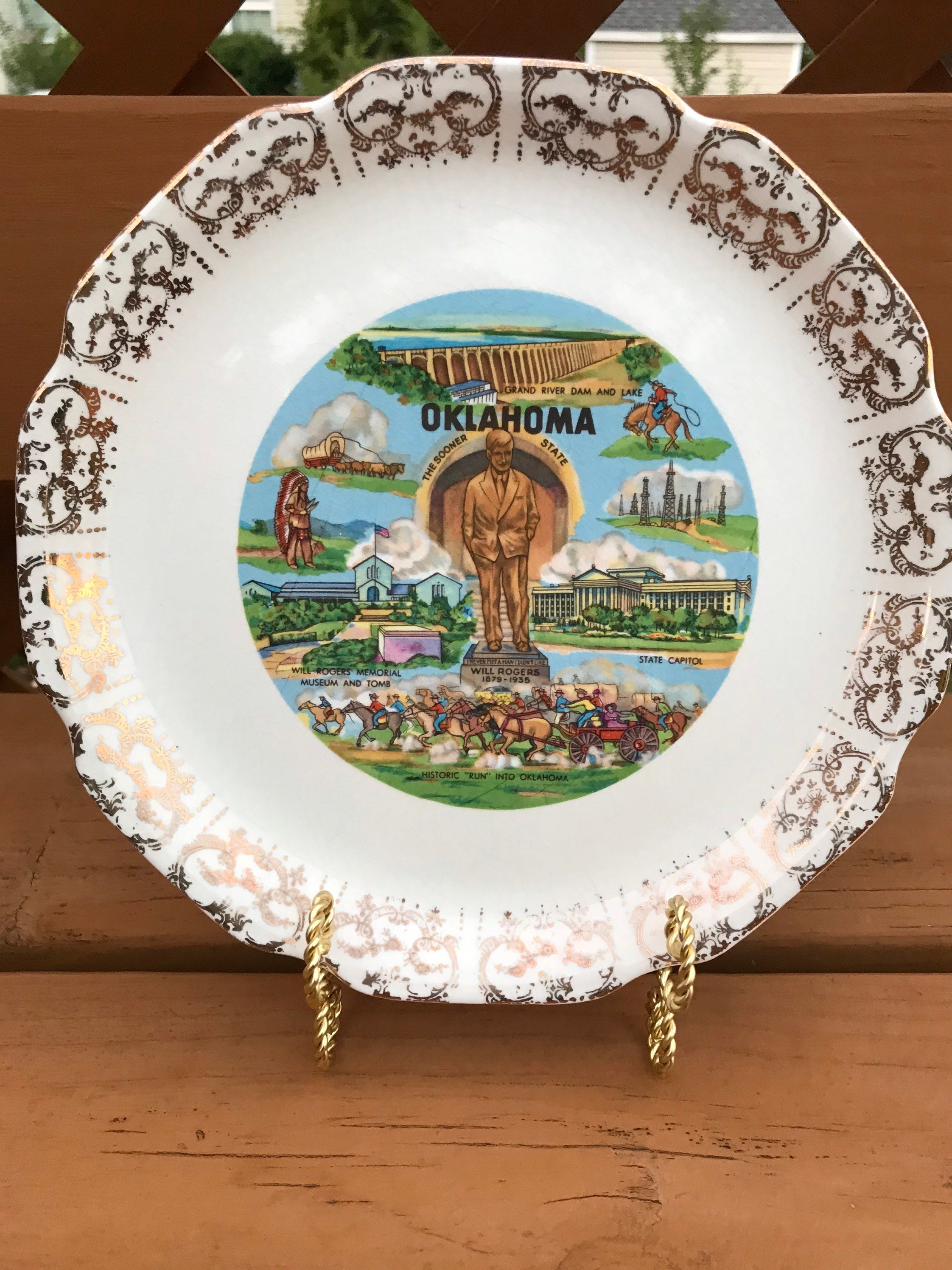 Vintage Souvenir Plate State Oklahoma Gold Gilt Trim Etsy