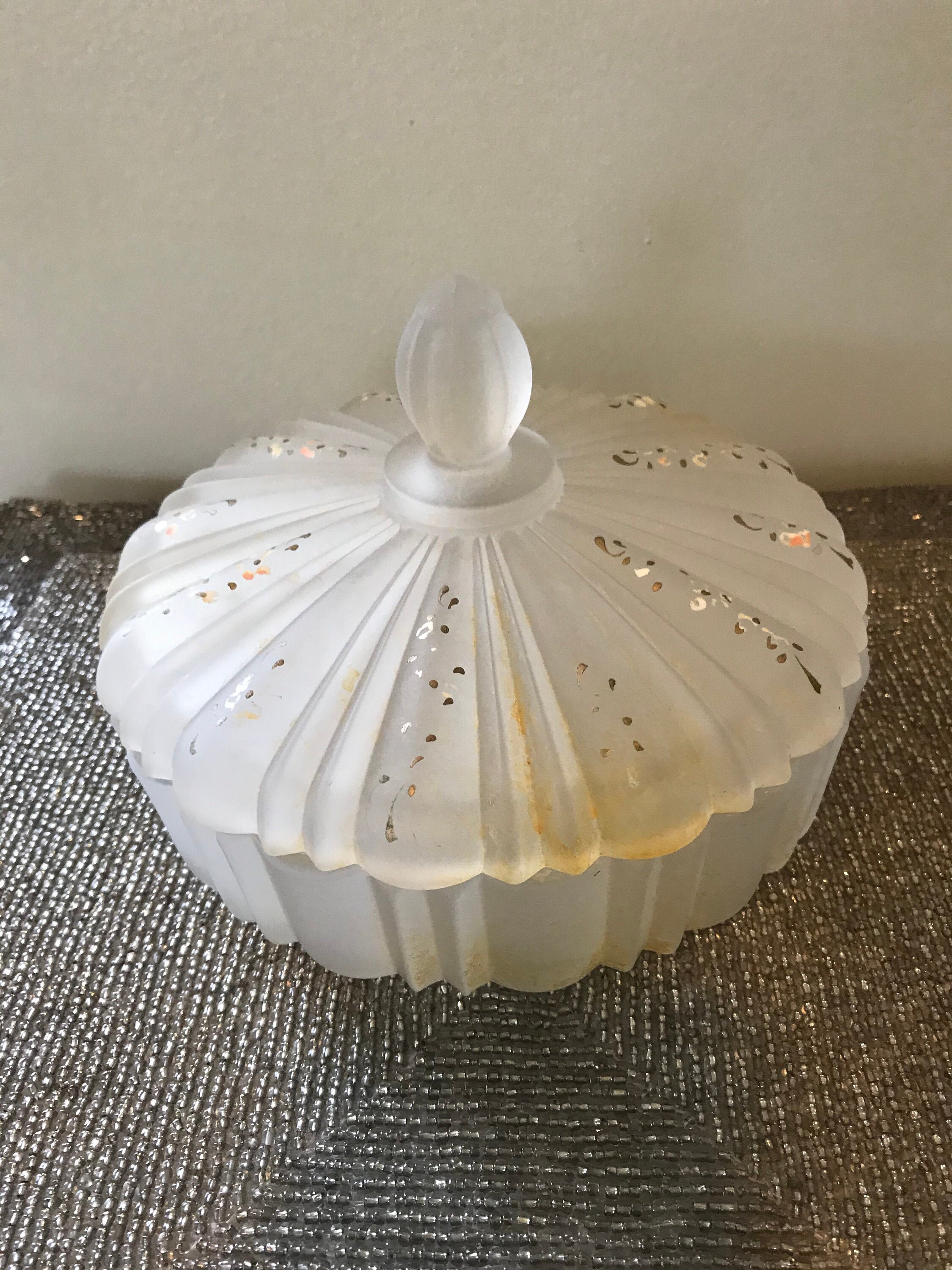 Vintage Frosted Glass Candy Dish With Lid Handpainted Flowers