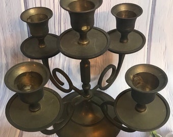 Vintage Brass Candelabra  ~ 5 Arm Candleholder ~ Wedding Decor ~ Made in India ~ Tabletop Decor ~ Brass ~ Patina