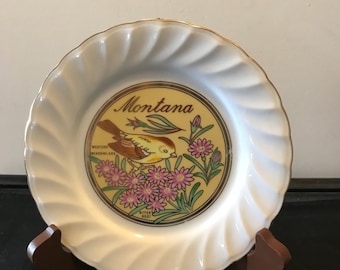 Vintage IAAC Ceramics Handpainted Porcelain Plate Montana Souvenir Plate Western MeadowLark Bird Bitterroot Flowers Korea Collectible