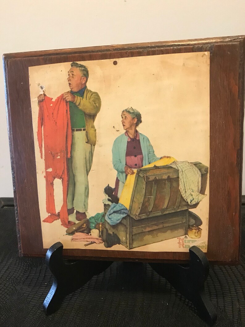 Vintage Norman Rockwell Print on Wooden Plaque Lady and Man with Old Trunk Farmhouse Country Chic Wall