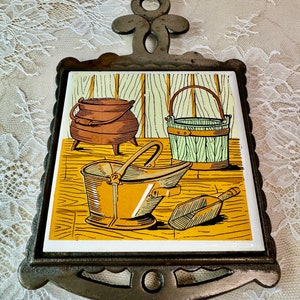 Vintage Cast Iron and Ceramic Tile Trivet ~ Wall Plaque ~ Taiwan ~ Farmhouse Country