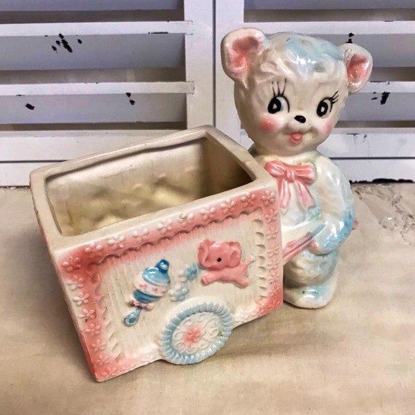 Vintage White Ceramic Bear Pulling Flower Cart Nursery Planter Japan Caffco Stamped Number C- 8023