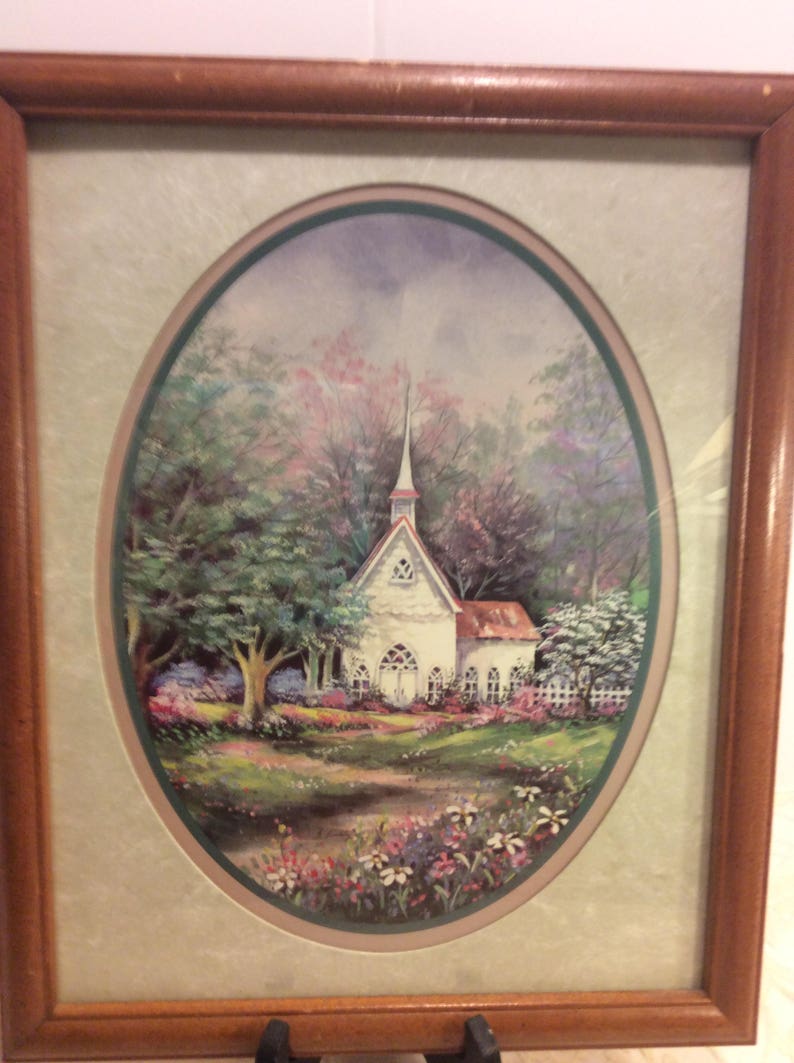 Vintage Home Interiors Framed Art Picture Spring Meadows Country Cottage Tall Steeple Shabby Chic Wall Decor Country French Romantic Decor