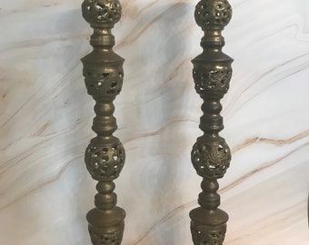 Vintage Brass Gold Filigree Lace Metalwork Candleholder Set ~  18” high ~ 5” wide at base