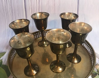 Vintage Round Brass Tray with Brass Cups ~ Serving Tray~ Patina ~  Shabby Chic ~ Housewarming Gift
