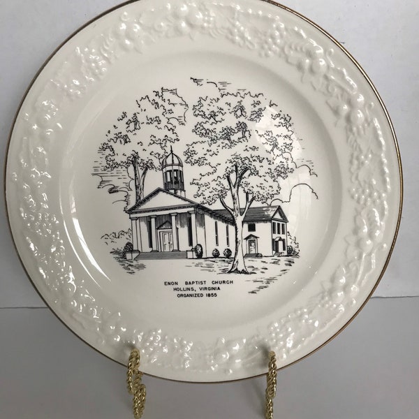 Vintage Porcelain Plate~ Enon Baptist Church - Organized 1855- Hollins, Virginia ~ Gold Trim Plate Floral Embossed Rim~ Handpainted Decor