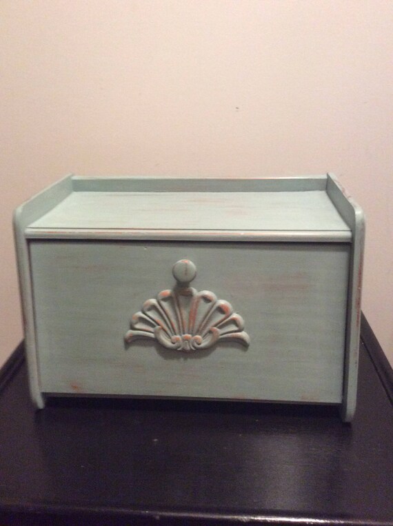 Vintage Duck Egg Blue Wooden Bread Box Kitchen Storage Nursery