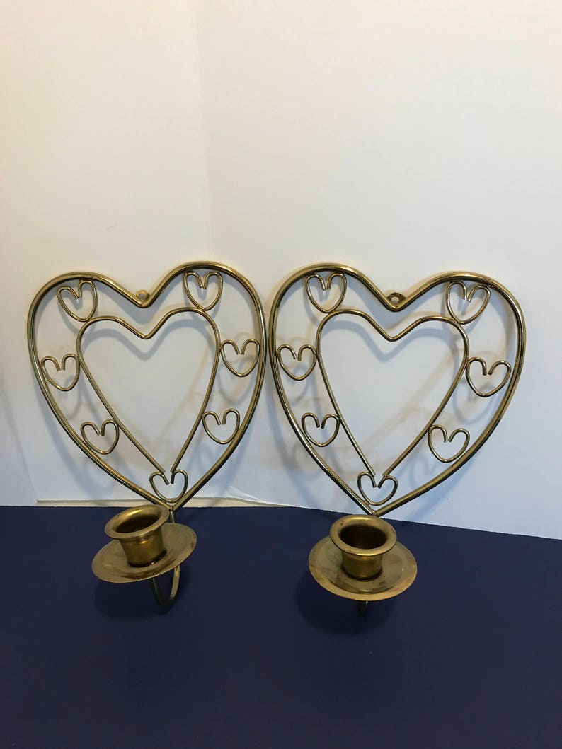 Vintage Pair Homco Home Interior Brass Hearts Wall Scounces Candleholders Wall Decor Shabby Chic