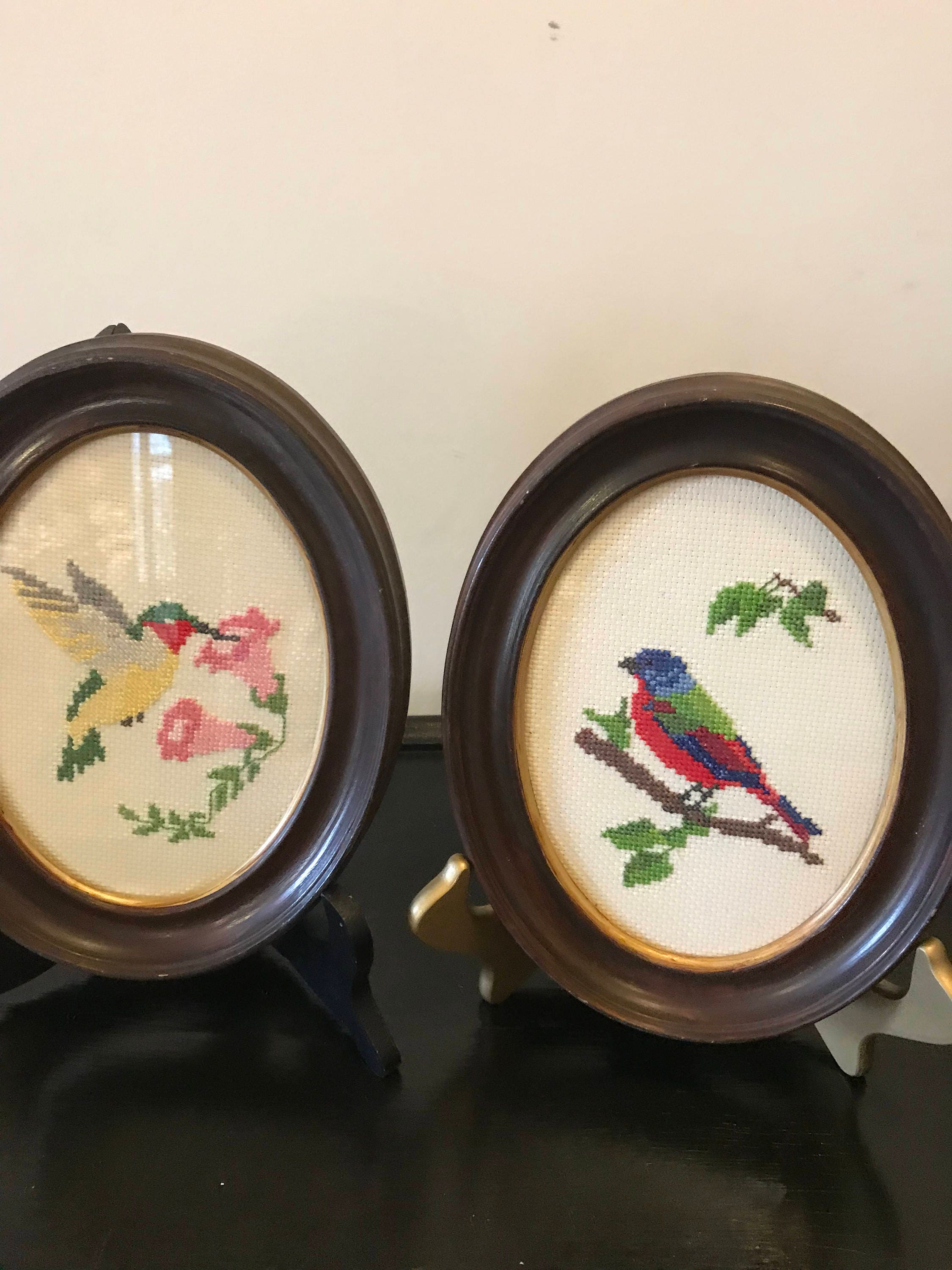 Vintage Pair of Oval Wooden Framed Art Needlepoint Pictures Wall
