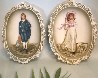 Vintage Pair  ~ Lefton 3D Blue Boy and Pinky Wall Plaques ~ Porcelain ~  Wall Plaques ~ Victorian Style ~ Lefton China