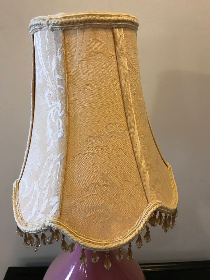 Vintage Cream Colored Silk Bell Shape Damask Fabric Lampshade Shabby Chic Bead Trim Boho Style Shade Boudoir