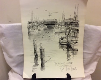 Vintage 1977 Signed Lithograph Print, Art by Don Davey, "Fisherman's Wharf", Man Cave, San Francisco Collectible Print