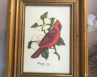 Vintage Signed Art ~ Barbara Pengelly  ~  Gold Framed Picture ~ Red Cardinal Bird ~ Dogwood Flowers ~  Handpainted Wall Picture