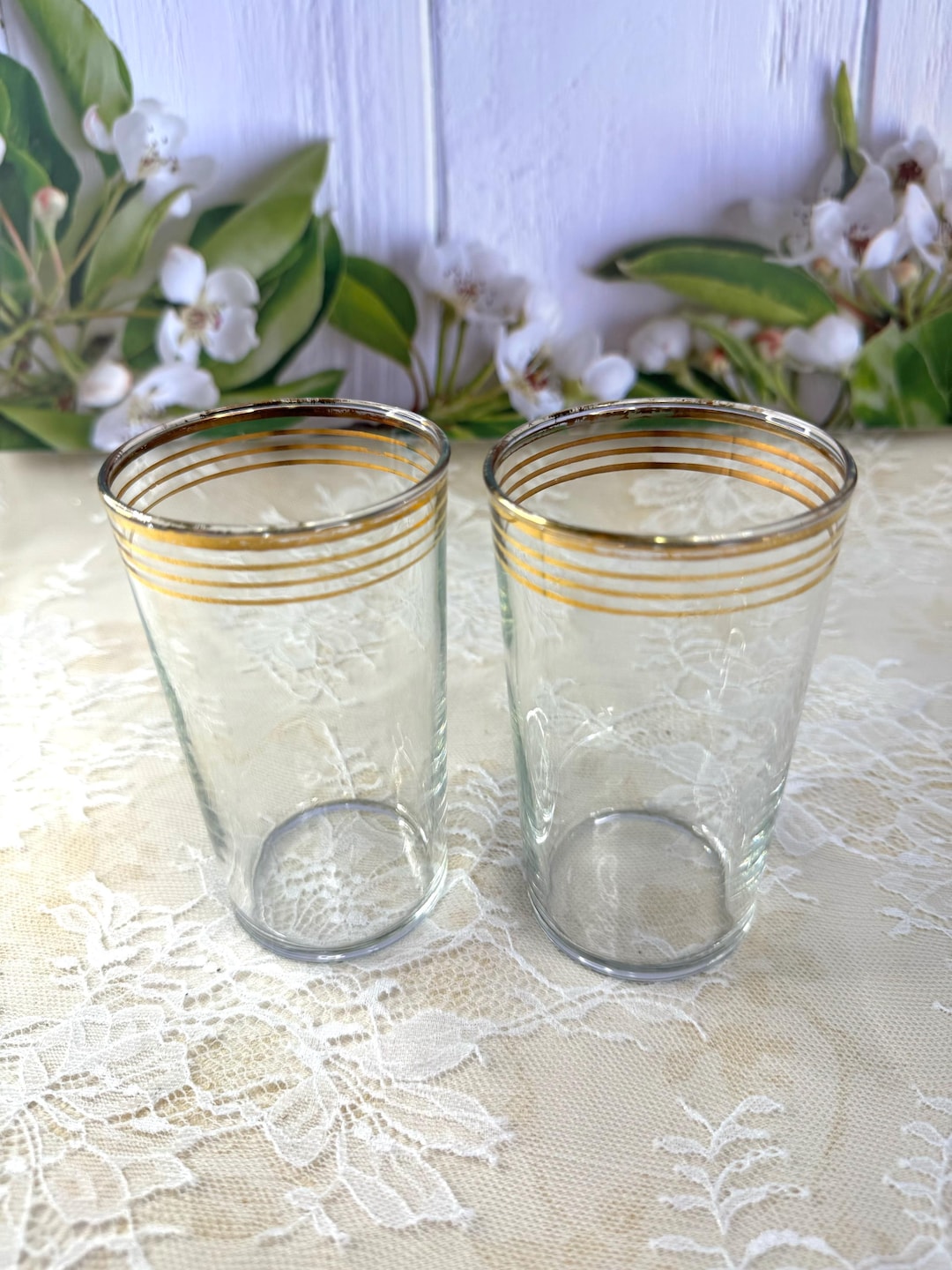 Vintage MCM Clear Glasses ~ Gold Trim Bar Glasses ~ Set of 2 Cocktail ...
