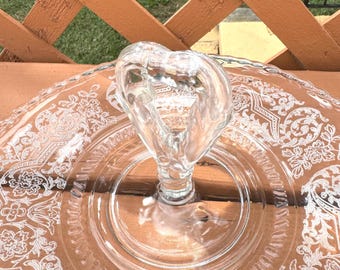 Vintage ~ Depression Glass Etched Design Cake Plate ~ 11” wide Cake Platter with Center Handle  ~ Wedding Gift ~ Housewarming ~ Flowers