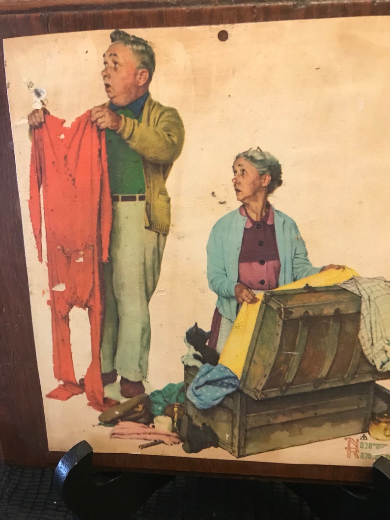 Vintage Norman Rockwell Print on Wooden Plaque Lady and Man with Old Trunk Farmhouse Country Chic Wall